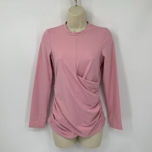 Susana Monaco Faux Wrap crew jersey top shirt blouse pink ruched new M